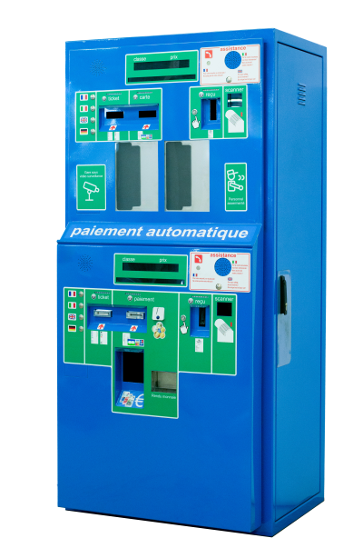 A big blue automatic paiment machine